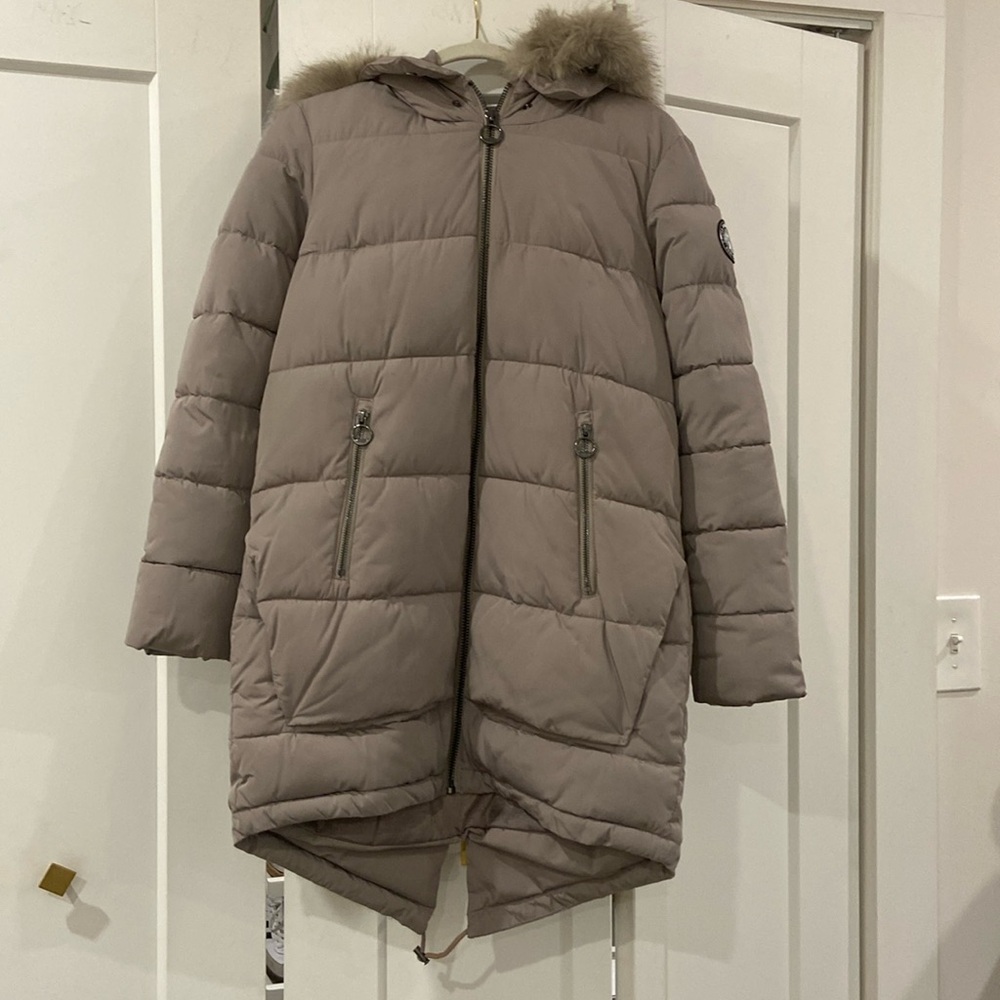 DKNY grey puffer with fur hood